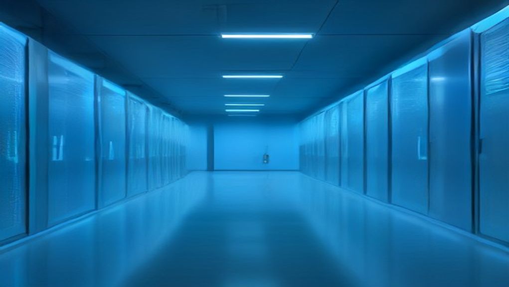 Editorial illustration: network servers and glowing data cables in a modern cloud datacenter infrastructure