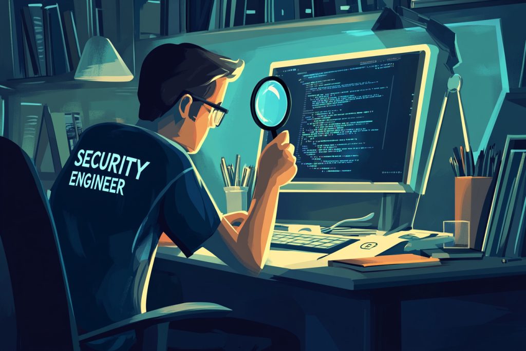 A security engineer in a modern office points at a monitor while a colleague takes notes, with server racks visible through glass behind them.