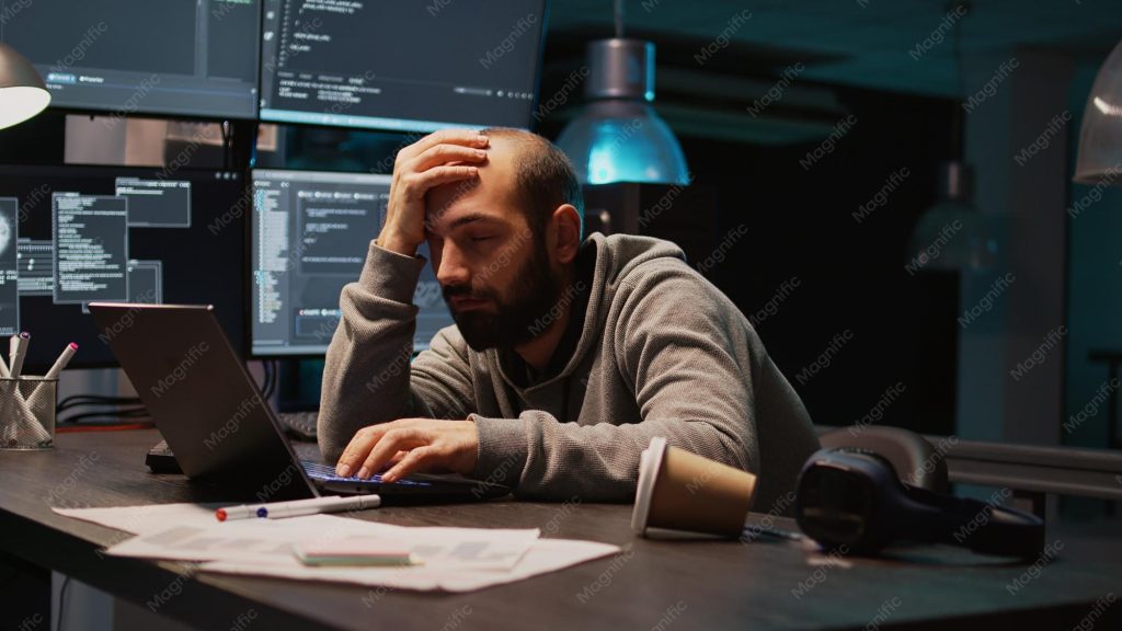 A tired software maintainer in a cluttered home office leans toward a glowing laptop during a late-night code review, a cold mug of coffee and a stack of printed papers beside the keyboard